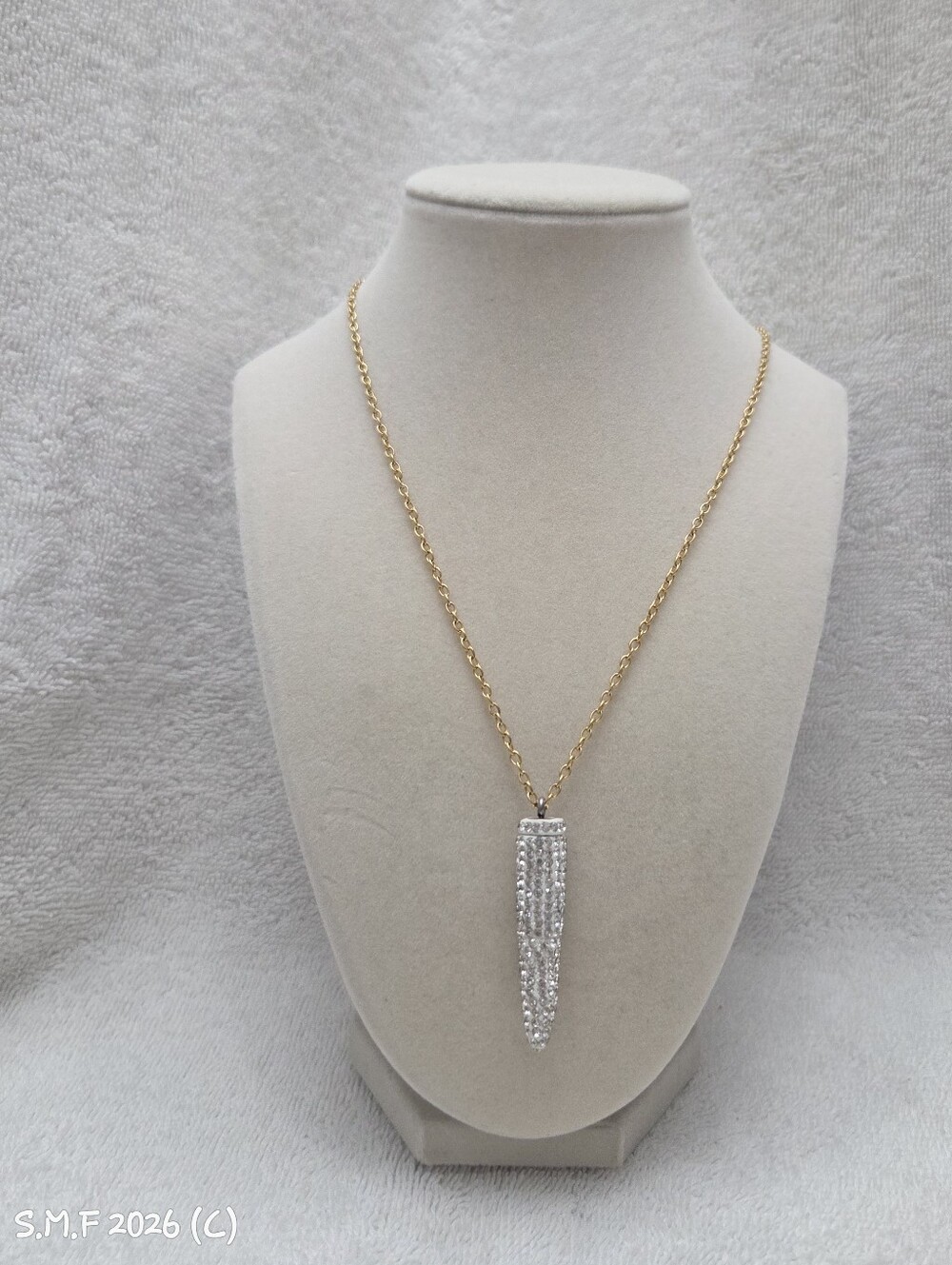 White Austrian Crystal Cylindrical Bullet-Shaped Pendant & Gold Plated Necklace